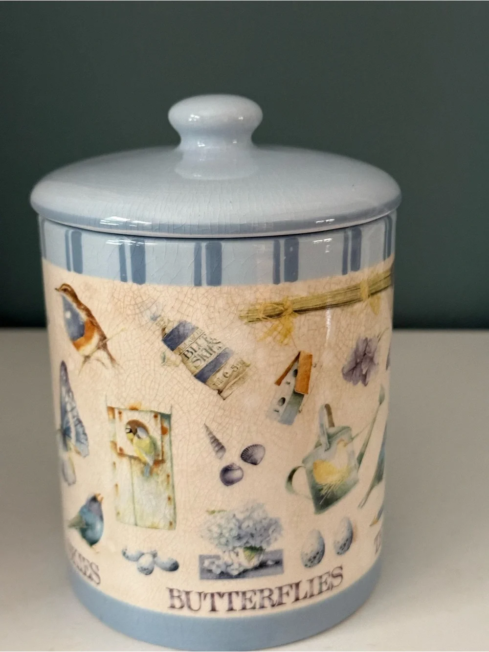 Vintage 1990s Hallmark Marjolein Bastin Ceramic Canister Blue Skies